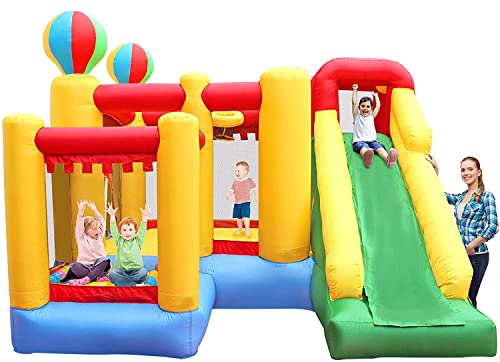 BESTPARTY Inflatable Bouncy Slide Bounce House 6 in 1 with Slide Basket Hoop Climbing Wall Tunnel Blower